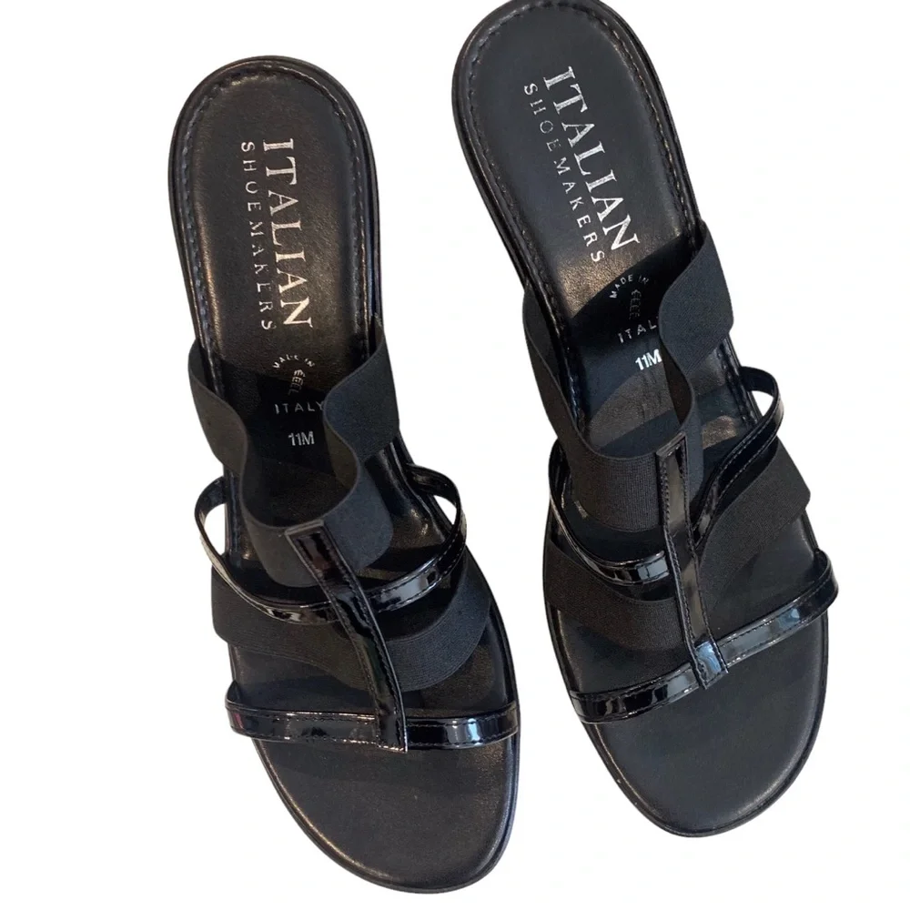 ITALIAN SHOEMAKERS SEMPLICITY BLACK SLIP-ON STRAP WEDGE SANDAL OPEN TOE SANDALS